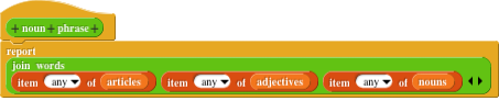 Noun phrase block, JOIN WORDS of an item from each of ARTICLES, ADJECTIVES, and NOUNS