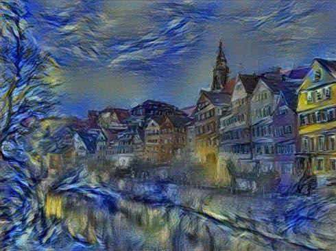 The neckarfront with the style of Van Gogh's Starry Night.
