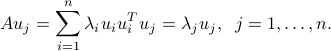  Au_j = sum_{i=1}^n lambda_i u_iu_i^Tu_j = lambda_j u_j, ;; j=1,ldots,n. 