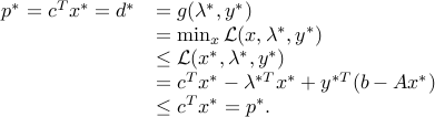  begin{array}{ll} p^*=c^Tx^*=d^*&=g(lambda^*,y^*) &= min_x {cal L}(x,lambda^*,y^*) &le {cal L}(x^ast,lambda^*,y^*)  &= c^Tx^* -lambda^{*T}x^* +y^{*T}(b-Ax^*)  & le c^Tx^ast = p^ast. end{array} 